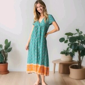 Natural Life Rebecca Midi Dress Teal Floral Boho Hippie Prairie Size L/XL NEW